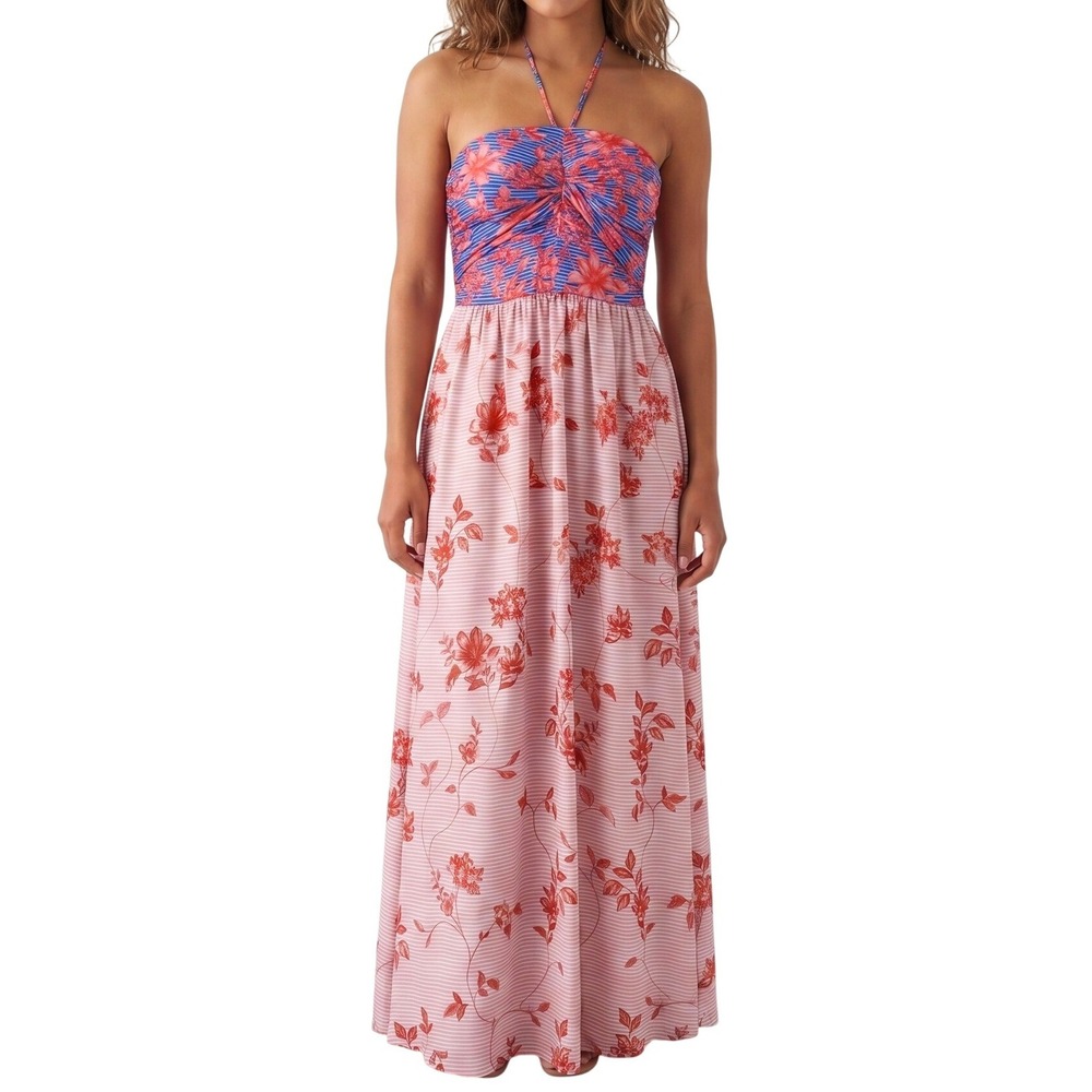 Belle Badgley Mischka Floral Striped Maxi Dress Womens 12 Pink Blue Halter Boho
